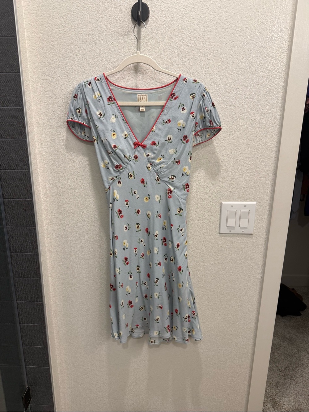 Light Blue Floral Mini Dress with Pink Trim